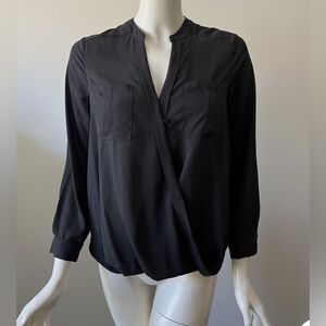 Maeve Anthropologie Black V-Neck Faux Wrap Polyester Shirt Blouse